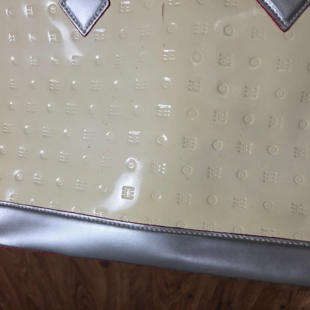 Arcadia Patent Leather Monogram All Over Embossed Satchel Handbag Cream Retro